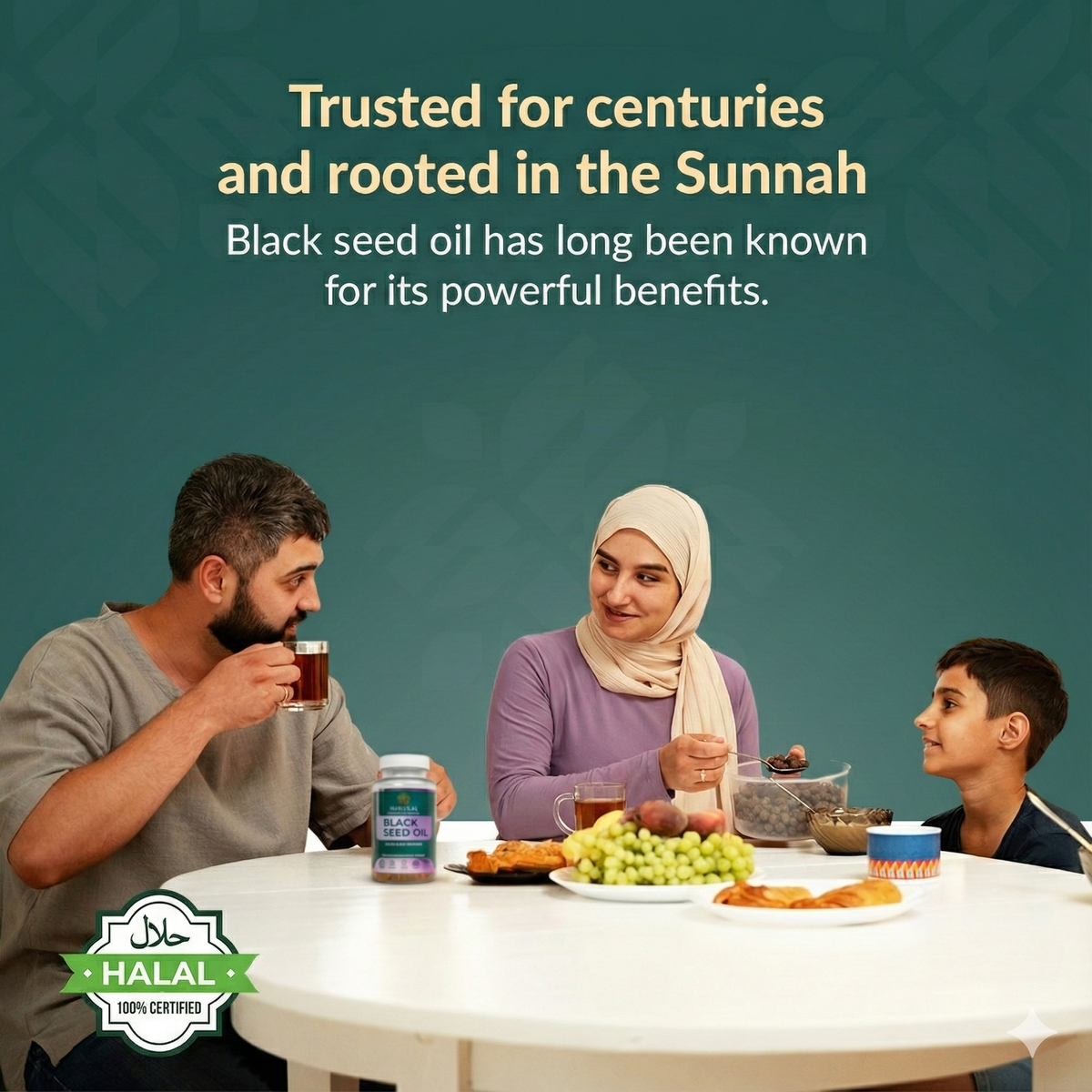 A family at the breakfast table with DeenFuel black seed oil