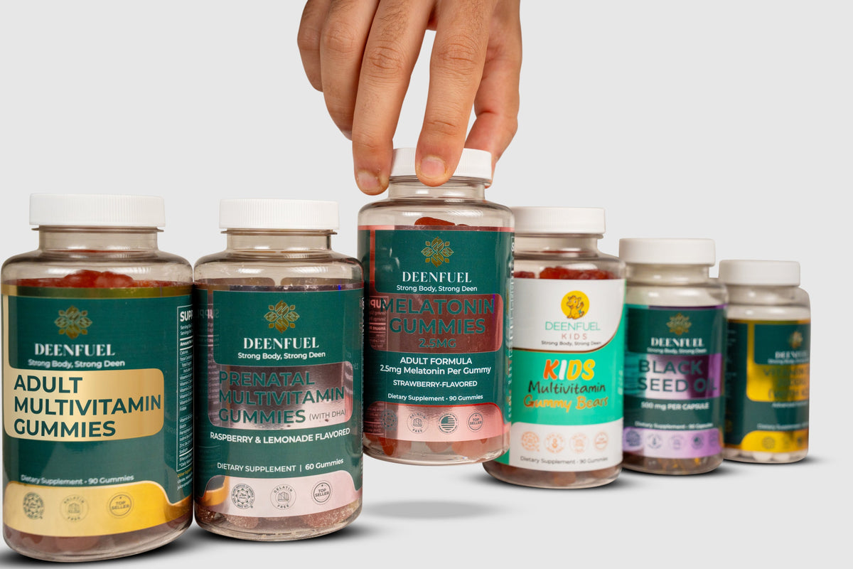 A hand reaching for a row of DeenFuel supplement bottles