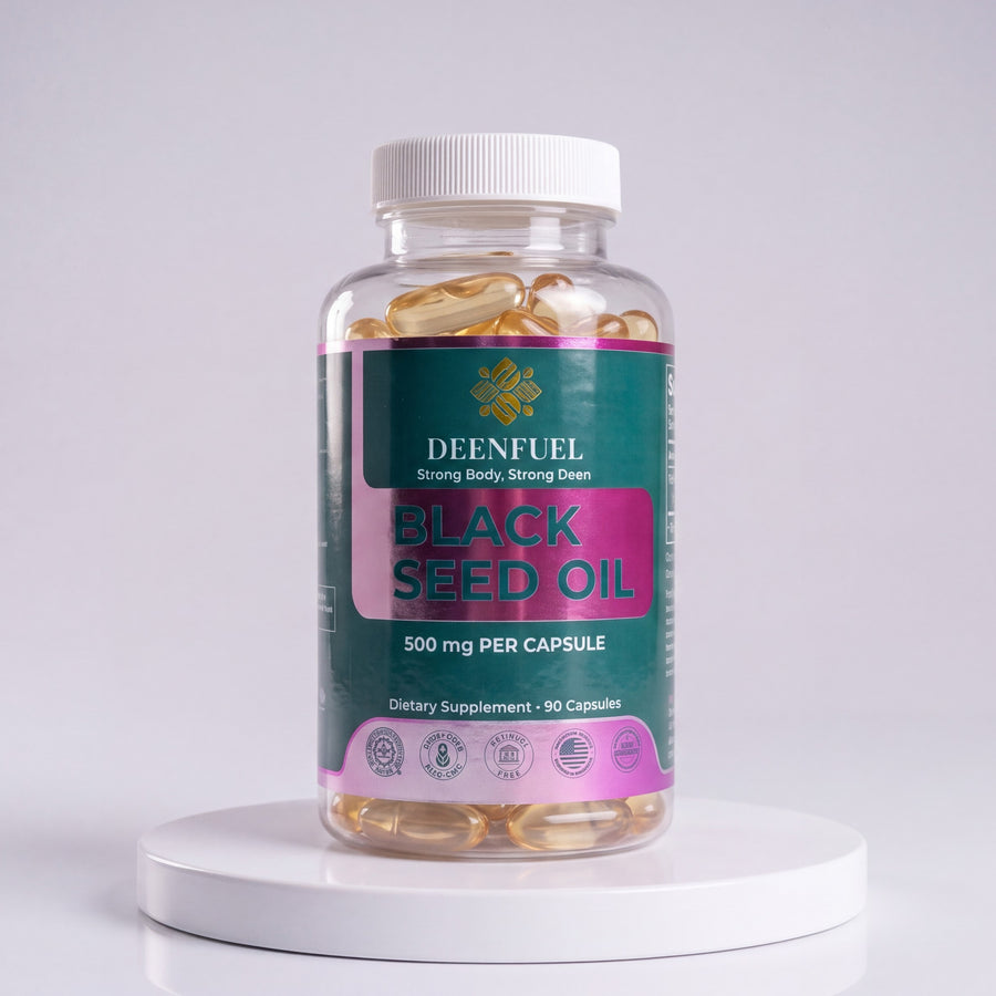 DeenFuel Black Seed Oil 500 mg capsules, clear bottle