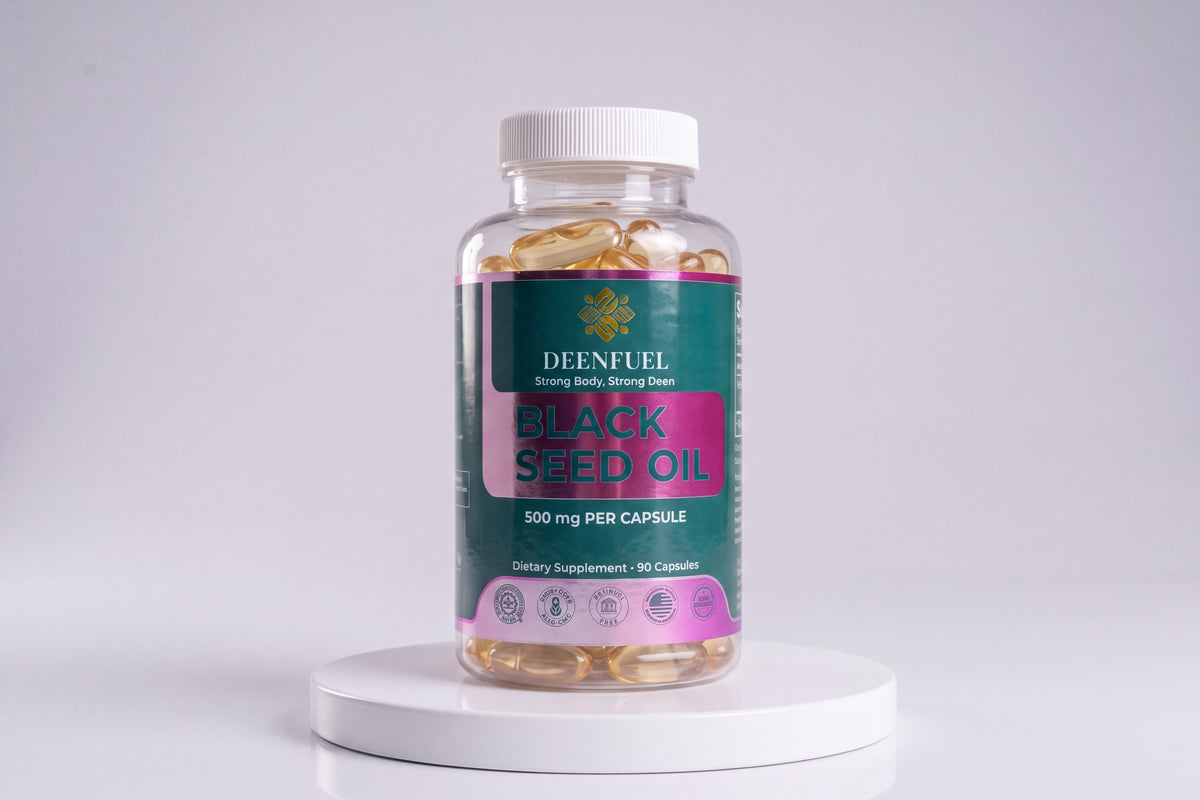DeenFuel Black Seed Oil 500 mg capsules, clear bottle