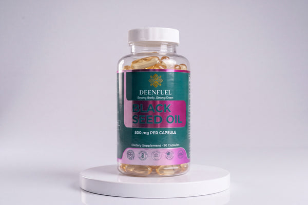 DeenFuel Black Seed Oil 500 mg capsules, clear bottle