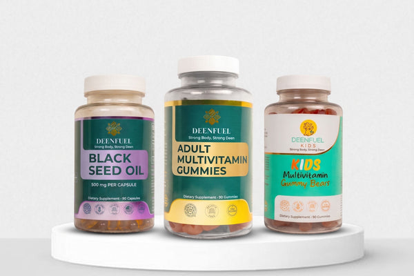 DeenFuel Family Wellness Bundle — Black Seed Oil, Adult Multivitamin Gummies, and Kids Multivitamin Gummy Bears