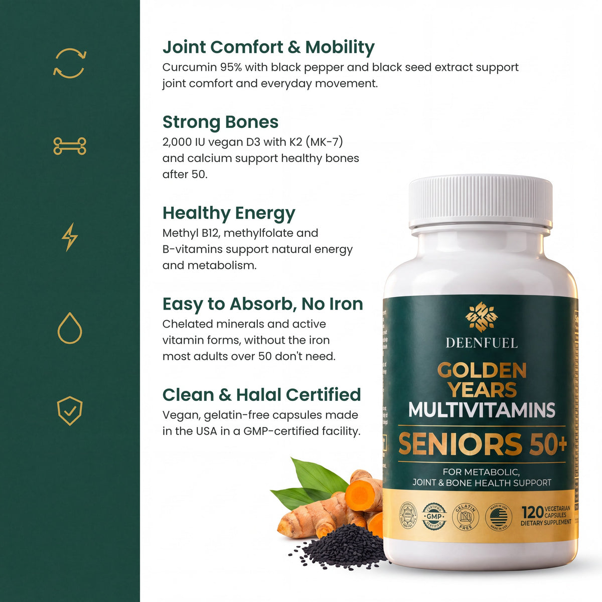 Golden Years benefits: joint comfort, strong bones, healthy energy, easy to absorb, halal certified