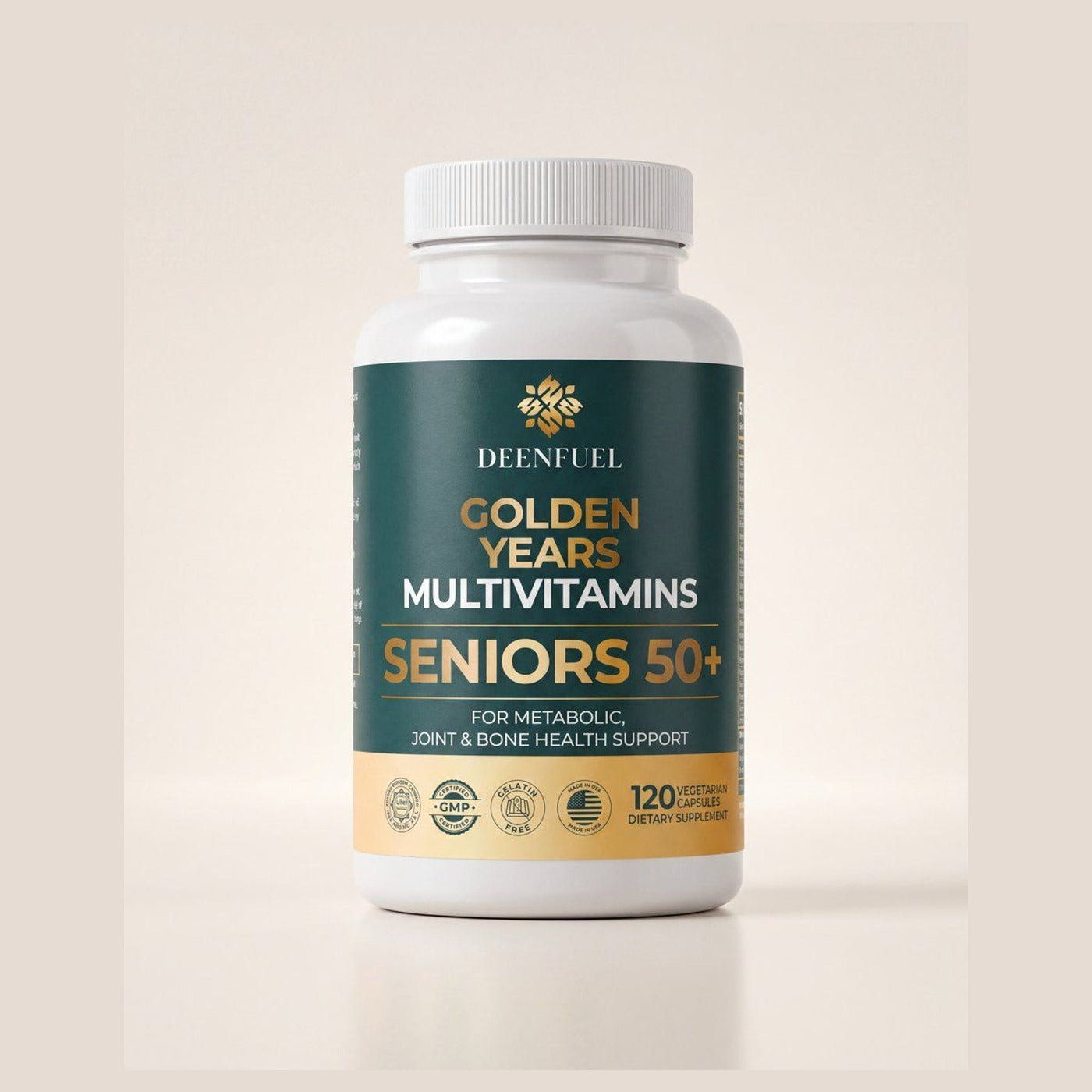DeenFuel Golden Years Multivitamins for Seniors 50+, 120 vegetarian capsules, front of bottle