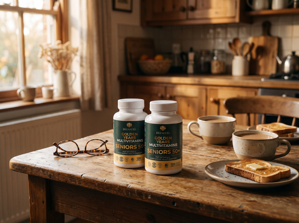Golden Years Mom and Dad bundle, two bottles on a breakfast table