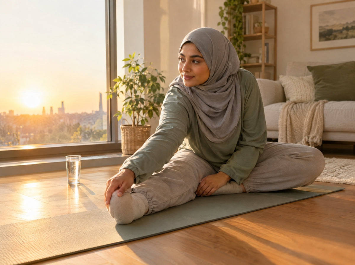 A woman in a grey hijab stretches on a yoga mat beside a sunlit window